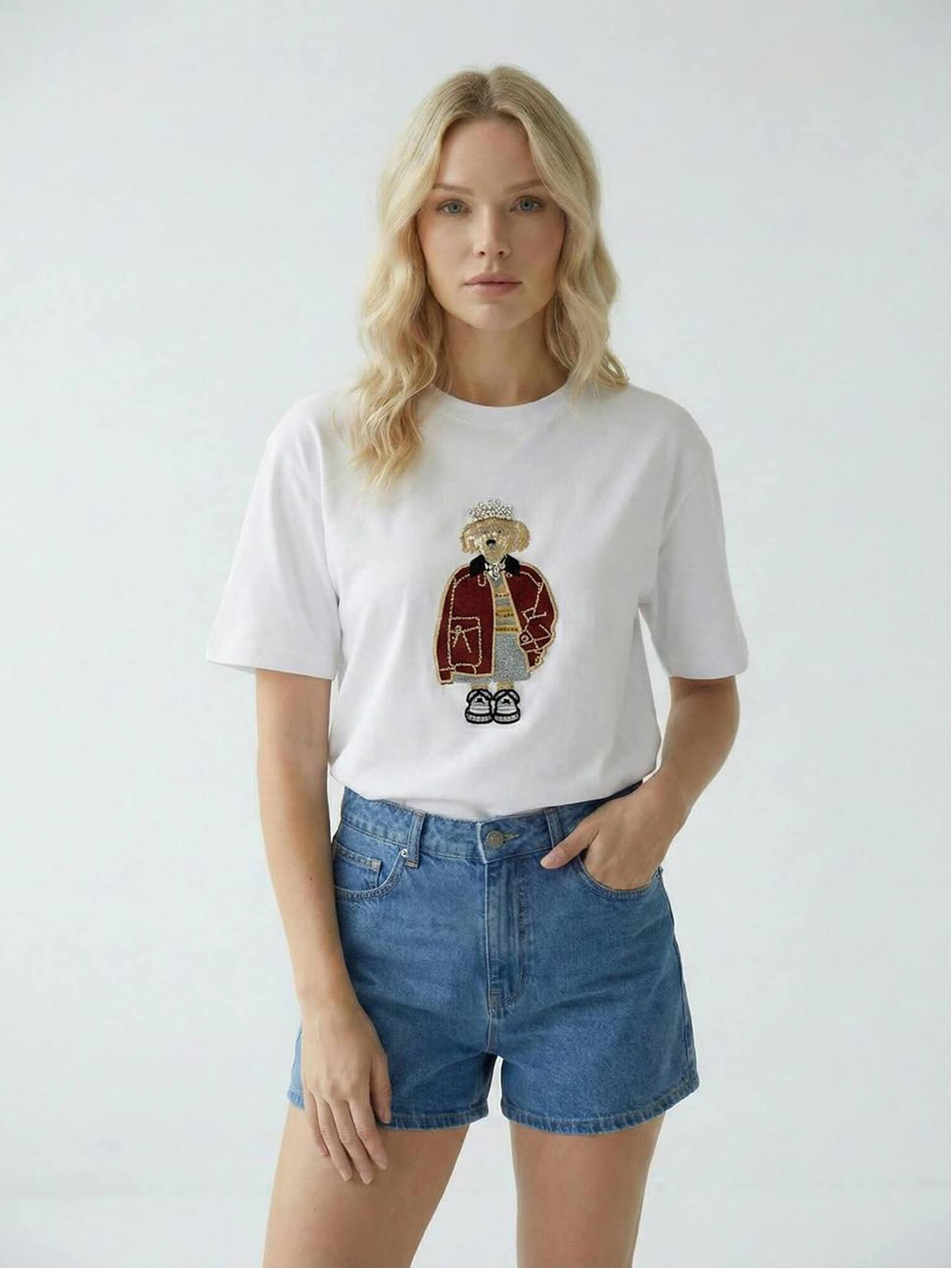 Taşlı Köpek Nakışlı Tişört 7423 BeyazCoral