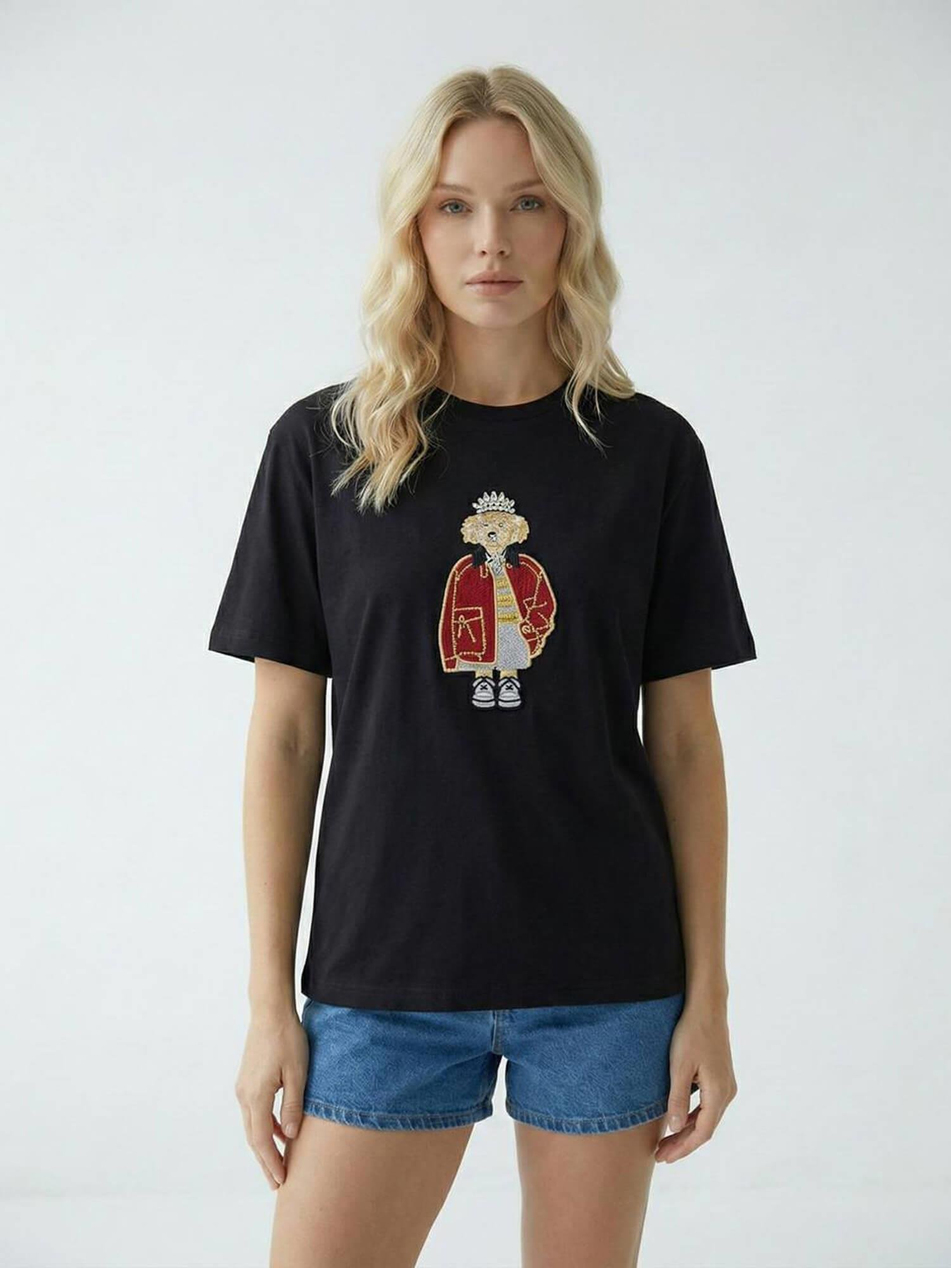 Taşlı Köpek Nakışlı Tişört 7423 SiyahCoral