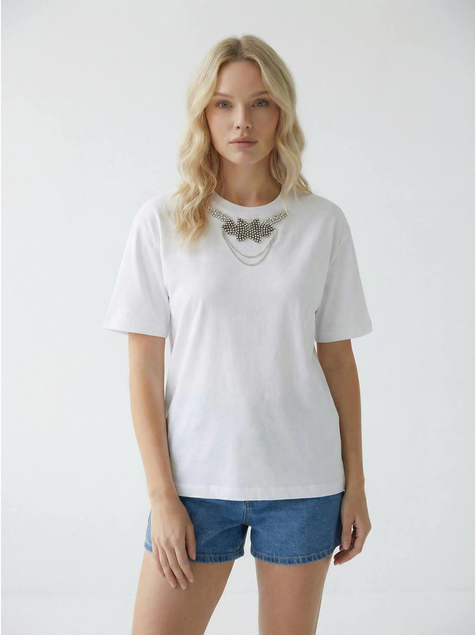 Taşlı Papyon Detaylı Tişört 7462 BeyazCoral