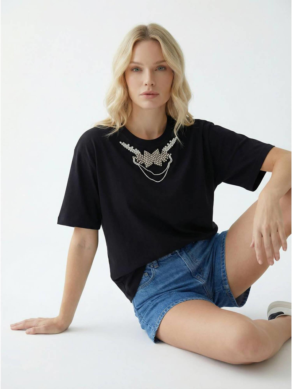 Taşlı Papyon Detaylı Tişört 7462 SiyahCoral