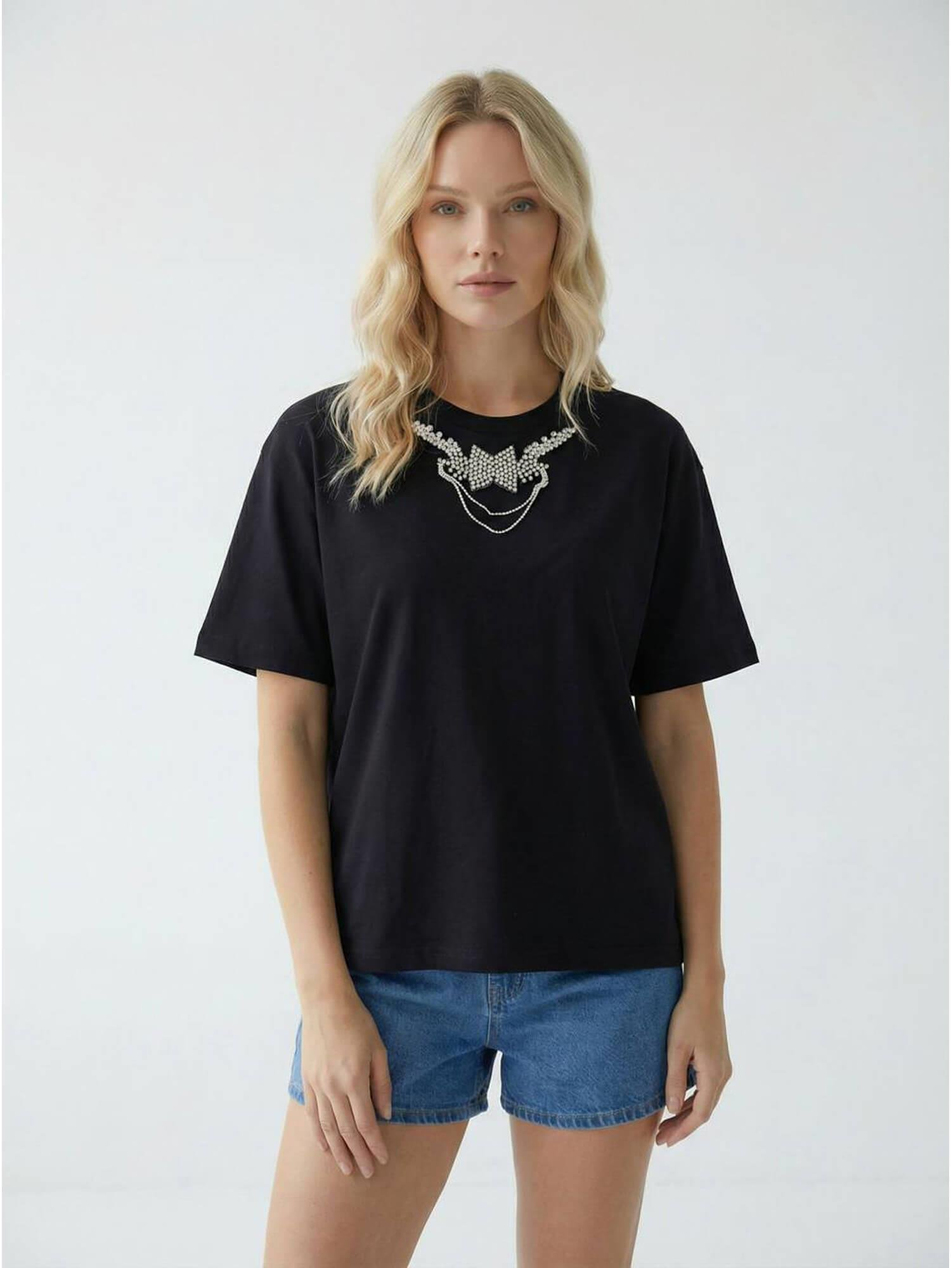 Taşlı Papyon Detaylı Tişört 7462 SiyahCoral