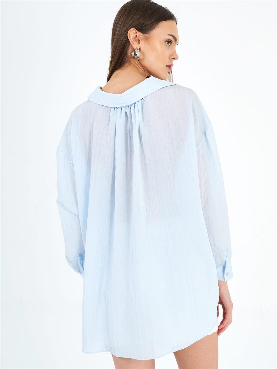 Tek Cepli V Yaka Oversize Gömlek Bebe Mavi-Coral