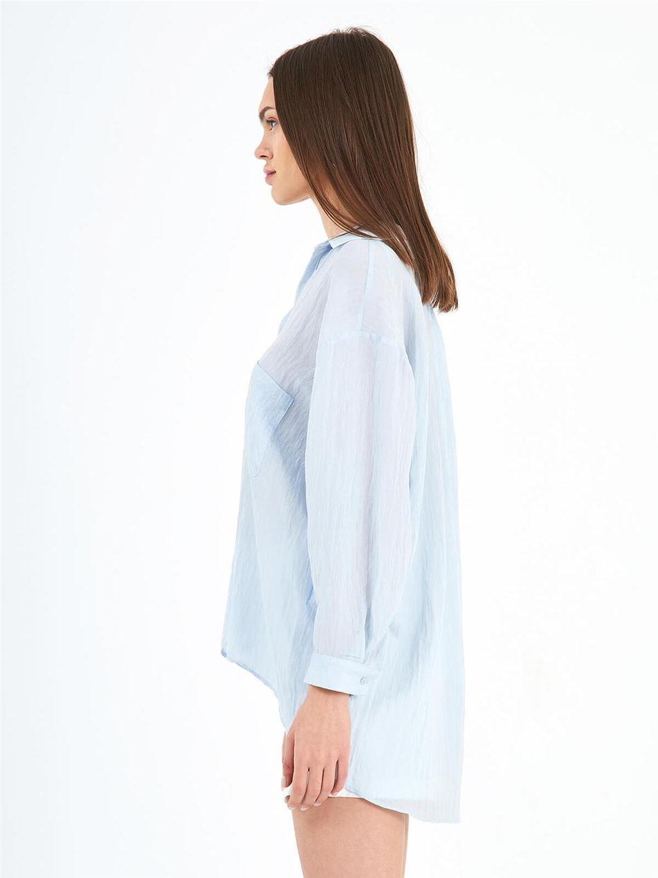 Tek Cepli V Yaka Oversize Gömlek Bebe Mavi-Coral
