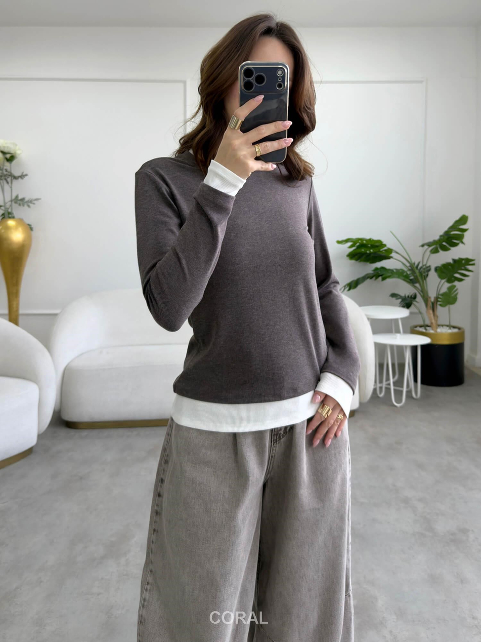Tişört Garnili Sweatshirt 31310 Kahve / EkruCoral