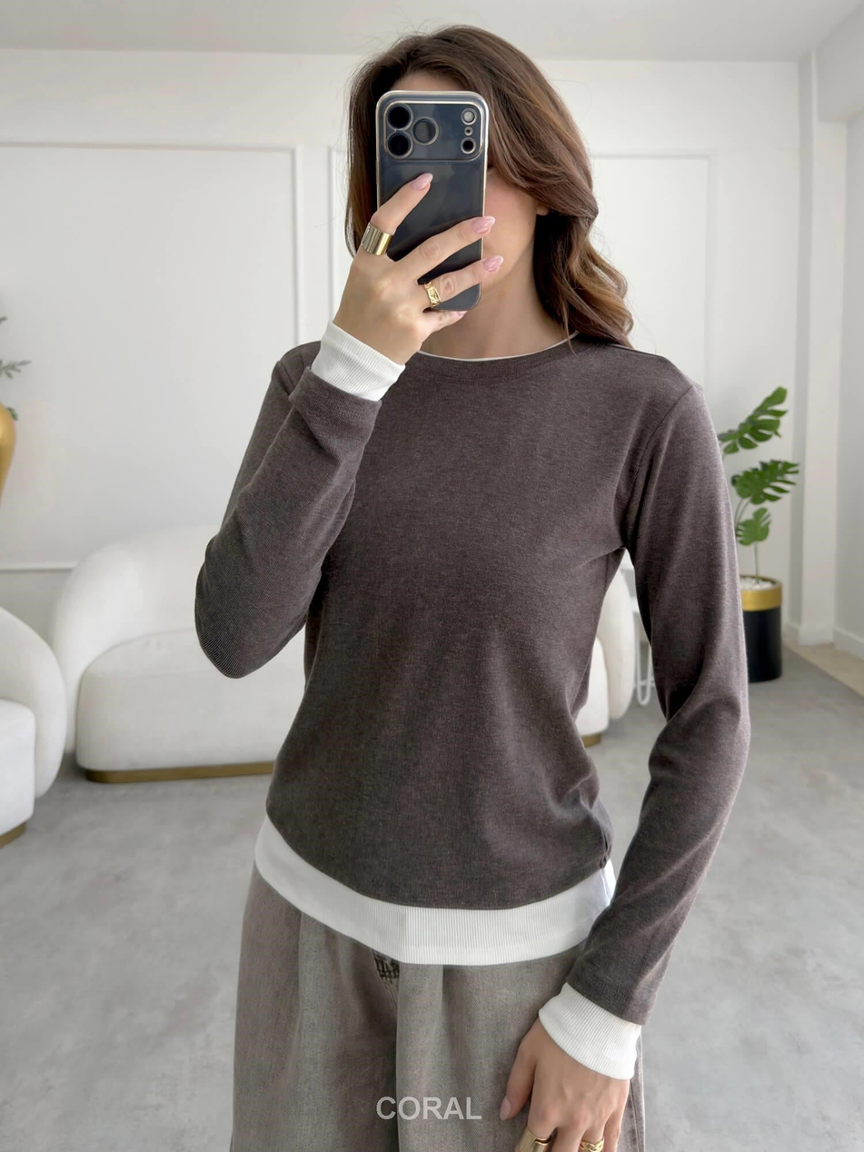 Tişört Garnili Sweatshirt 31310 Kahve / EkruCoral