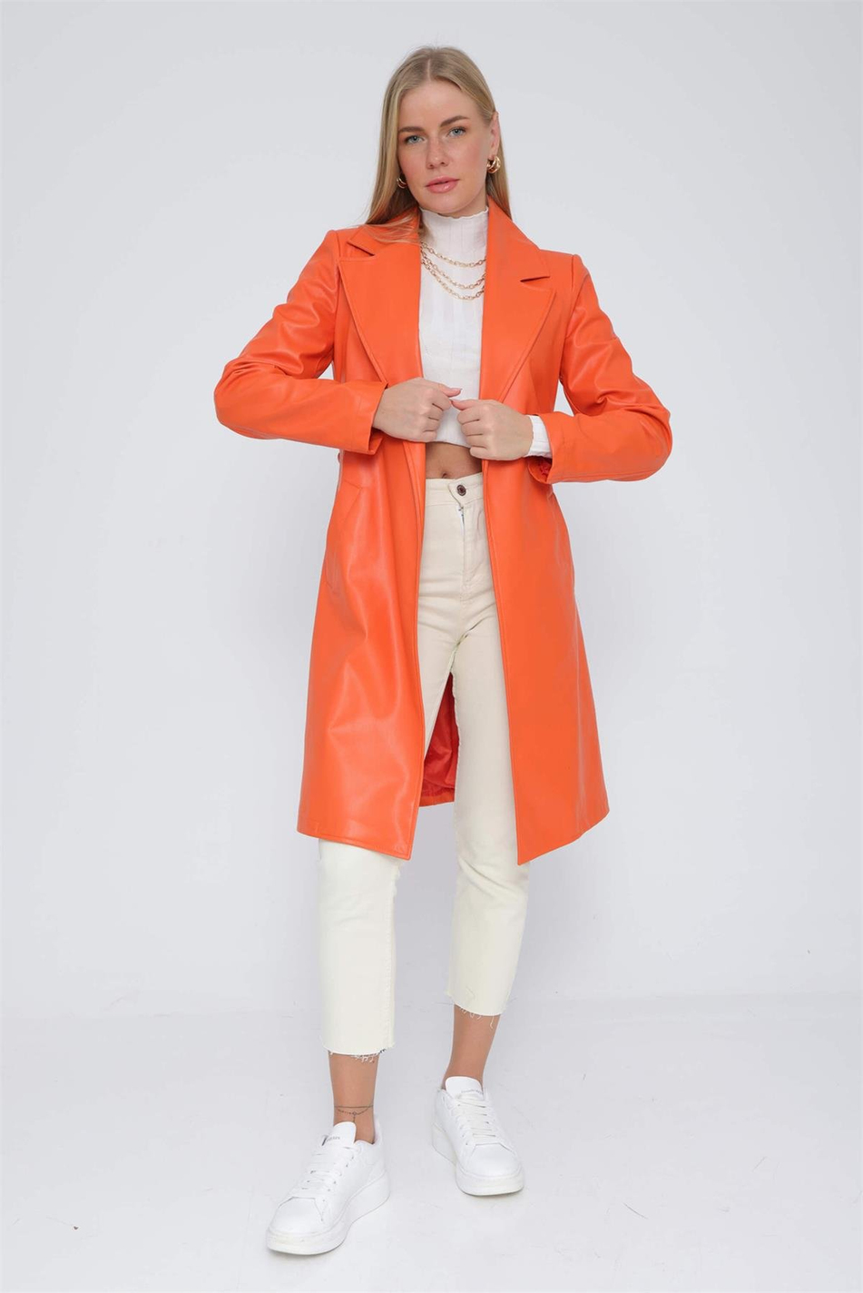 Uzun Deri Trenckot Oranj-Coral