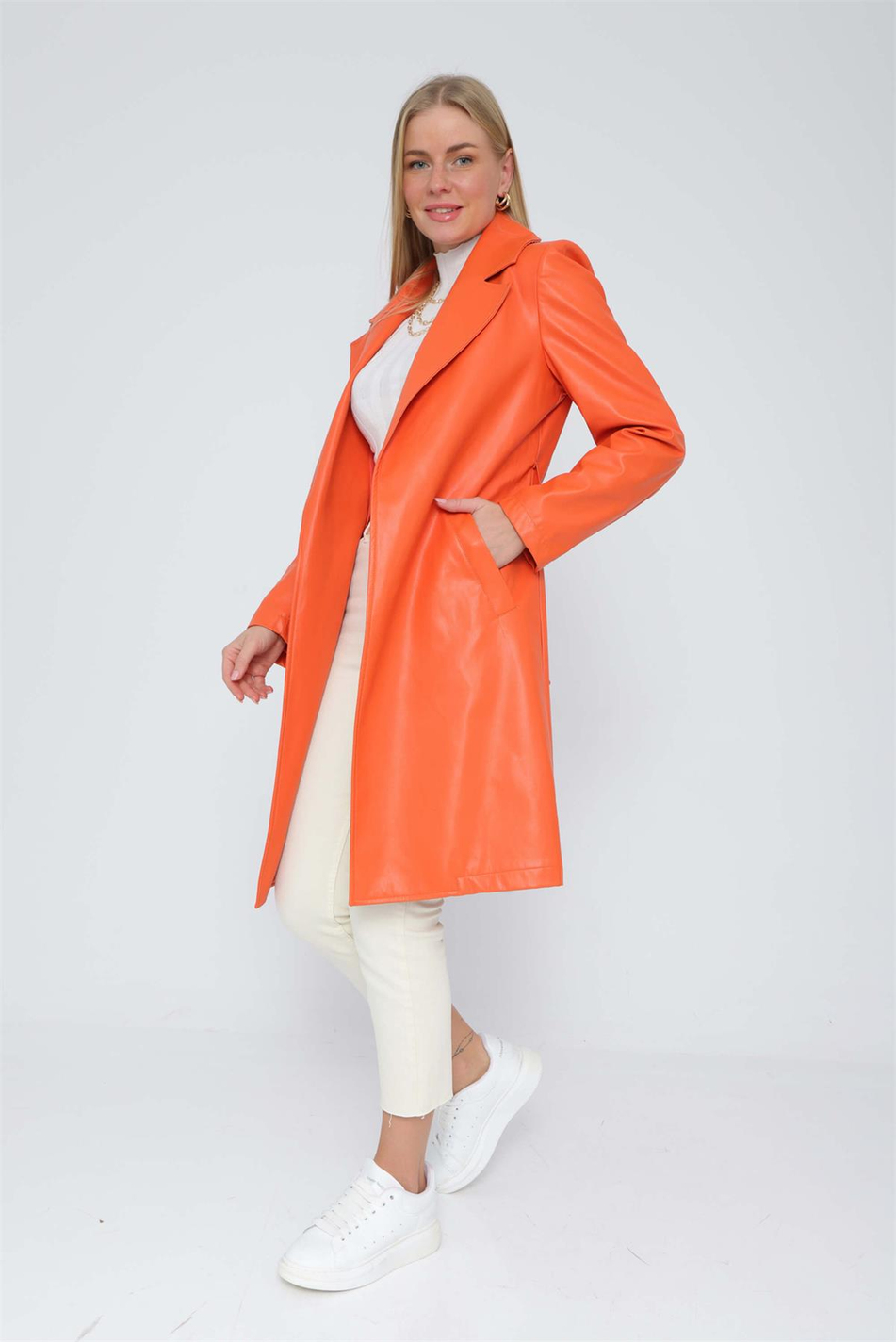 Uzun Deri Trenckot Oranj-Coral