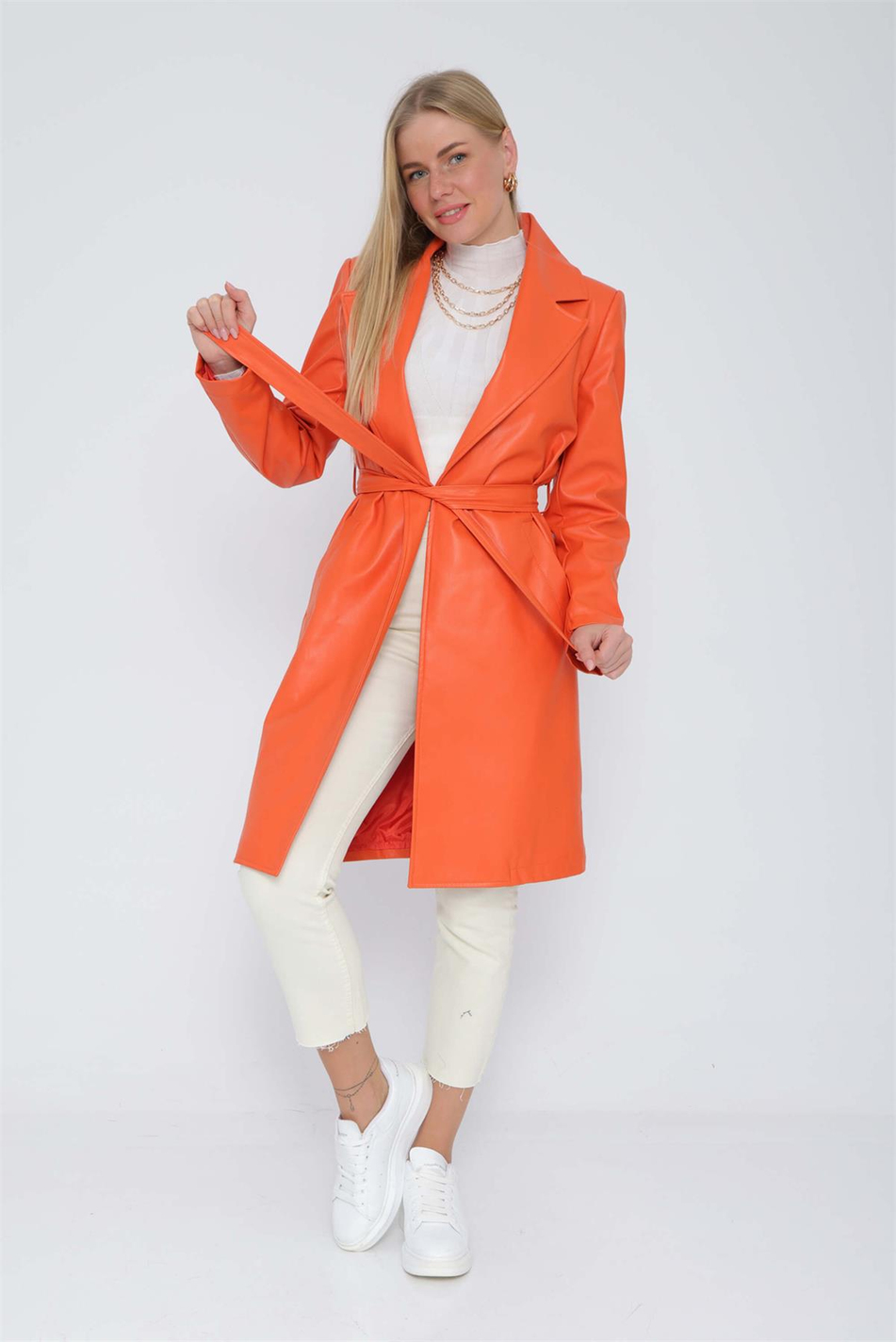 Uzun Deri Trenckot Oranj-Coral