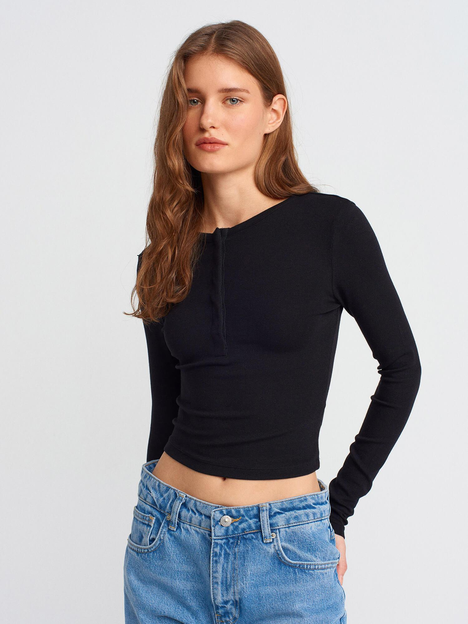 Uzun Kollu Çıtçıt Düğmeli Kazak 31442 SiyahCoral