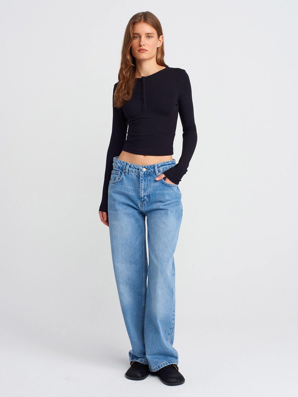 Uzun Kollu Çıtçıt Düğmeli Kazak 31442 SiyahCoral