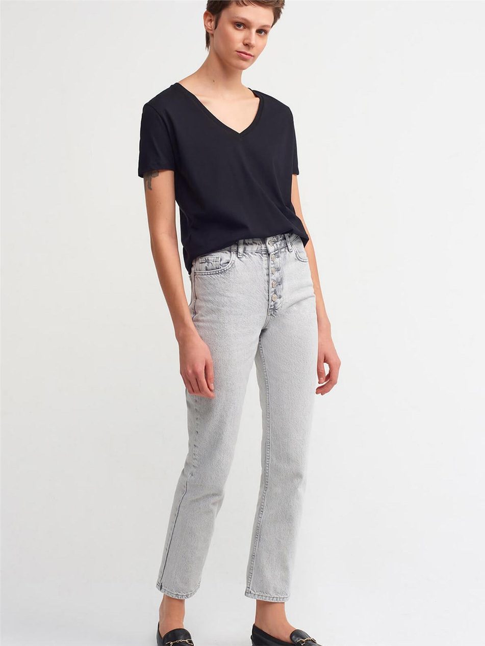 V Yaka Basic Tişört Siyah-Coral