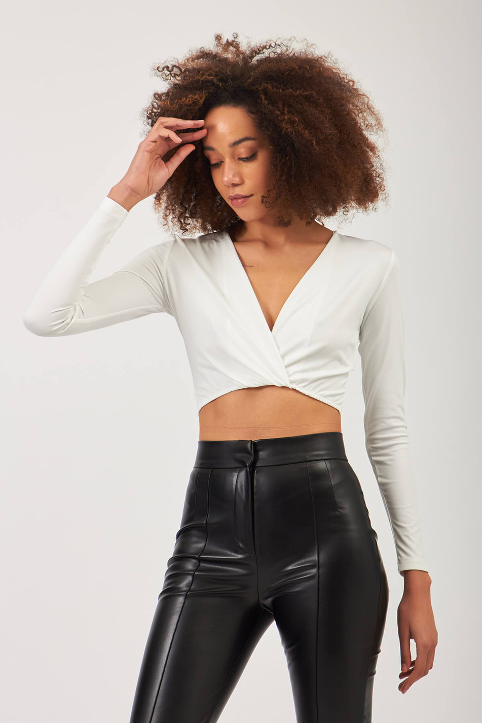 V Yaka Crop Bluz Beyaz-Coral