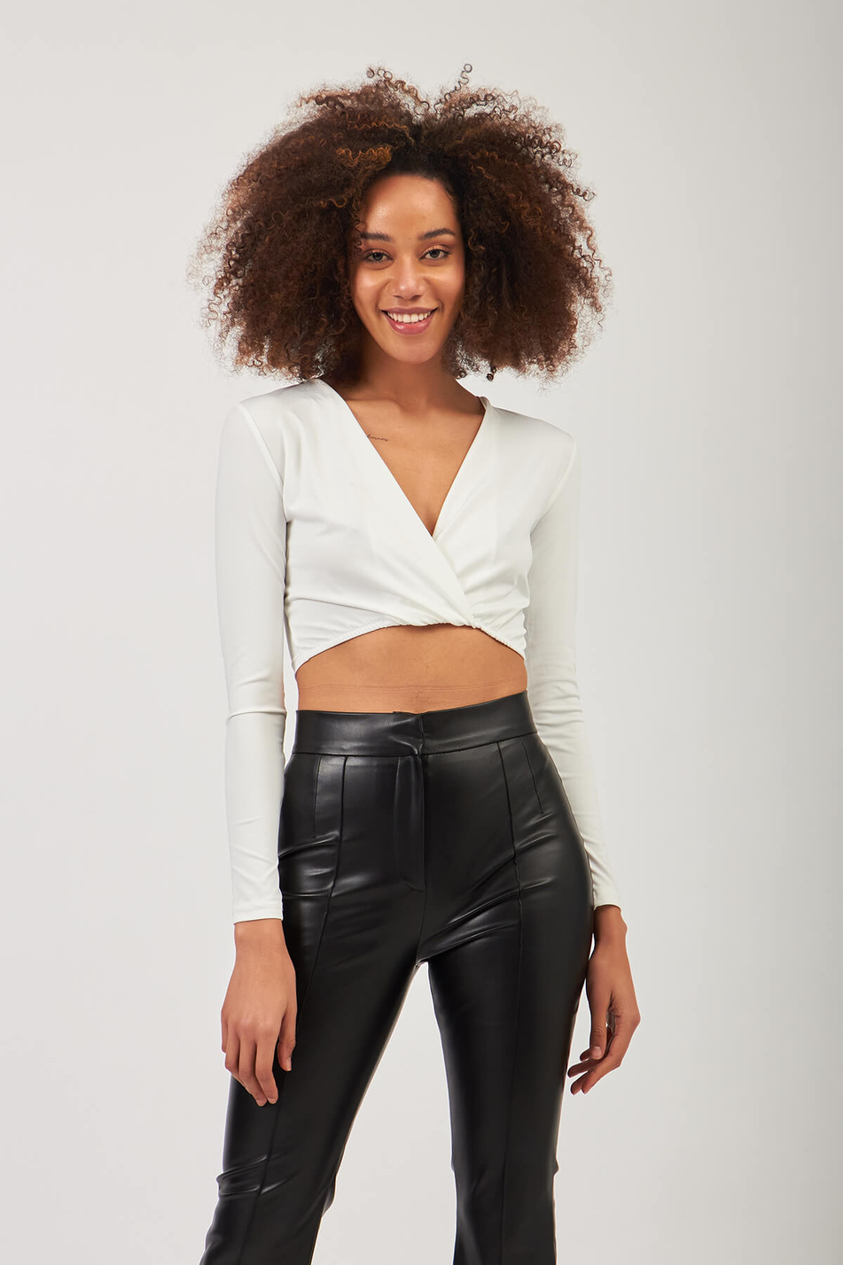 V Yaka Crop Bluz Beyaz-Coral