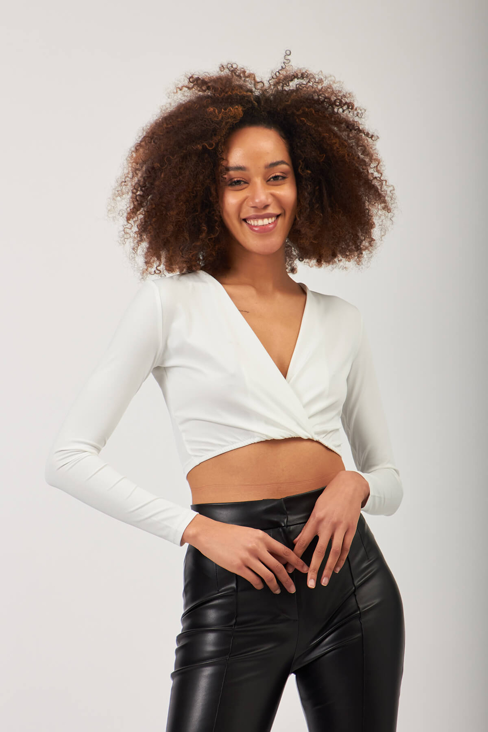 V Yaka Crop Bluz Beyaz-Coral