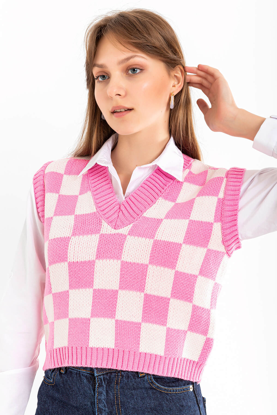 V Yaka Ekose Süveter Pembe-Coral