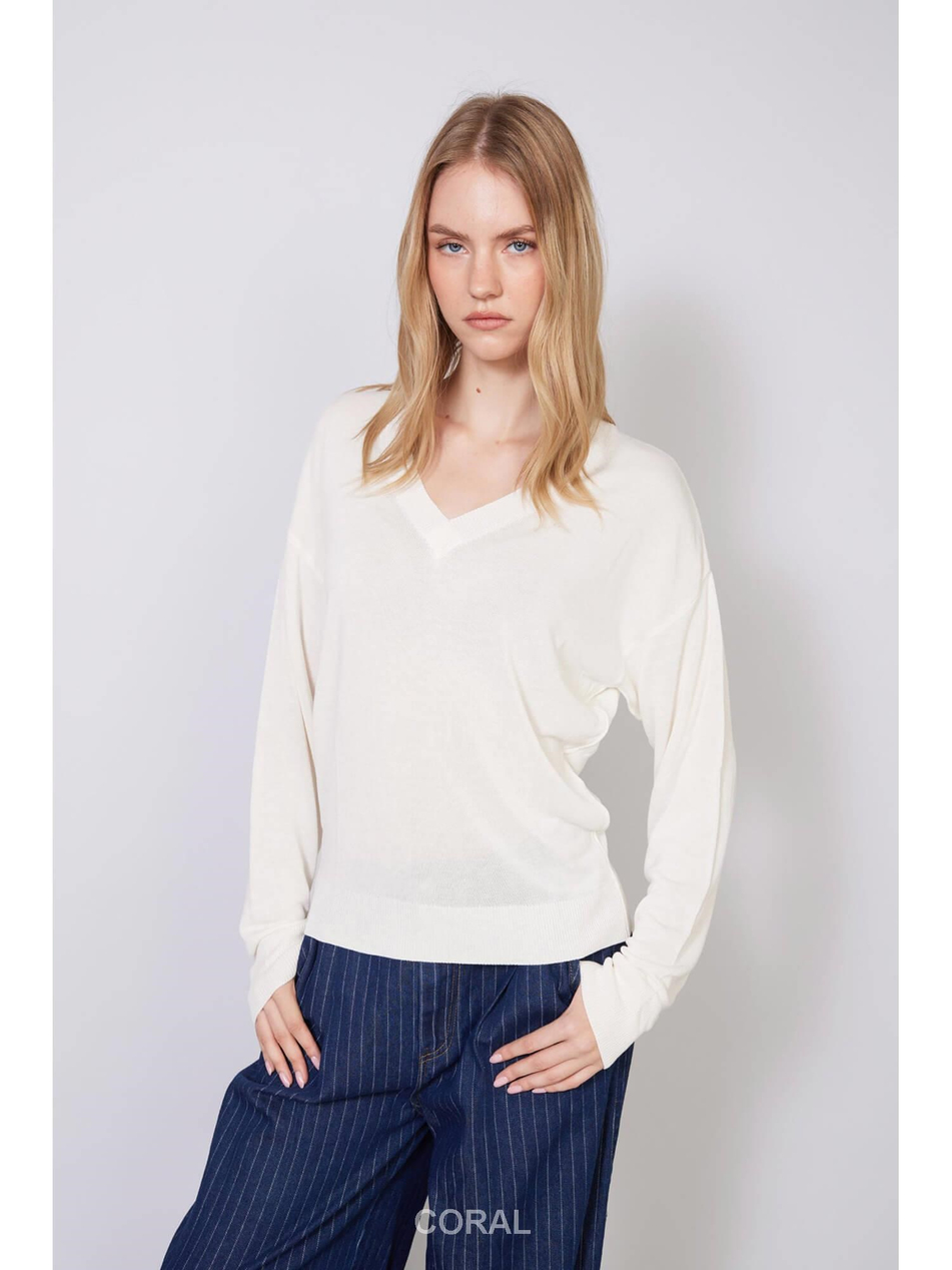 V Yaka İnce Triko Bluz 4884 EkruCoral
