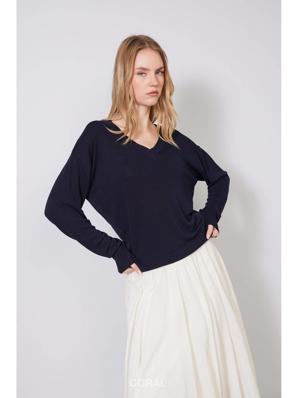 V Yaka İnce Triko Bluz 4884 LacivertCoral