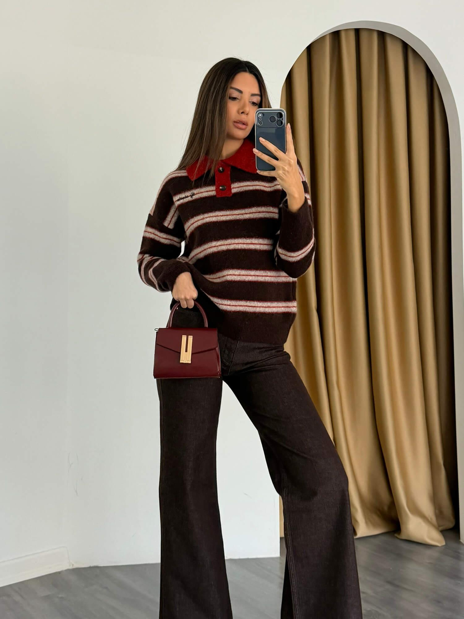 Yakalı Kalp Nakışlı Çizgili Kazak 7790 Bej - KahveCoral