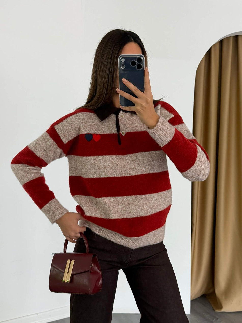 Yakalı Kalp Nakışlı Çizgili Kazak 7790 Bej - KırmızıCoral