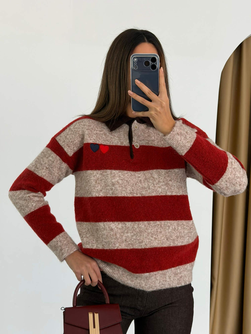 Yakalı Kalp Nakışlı Çizgili Kazak 7790 Bej - KırmızıCoral