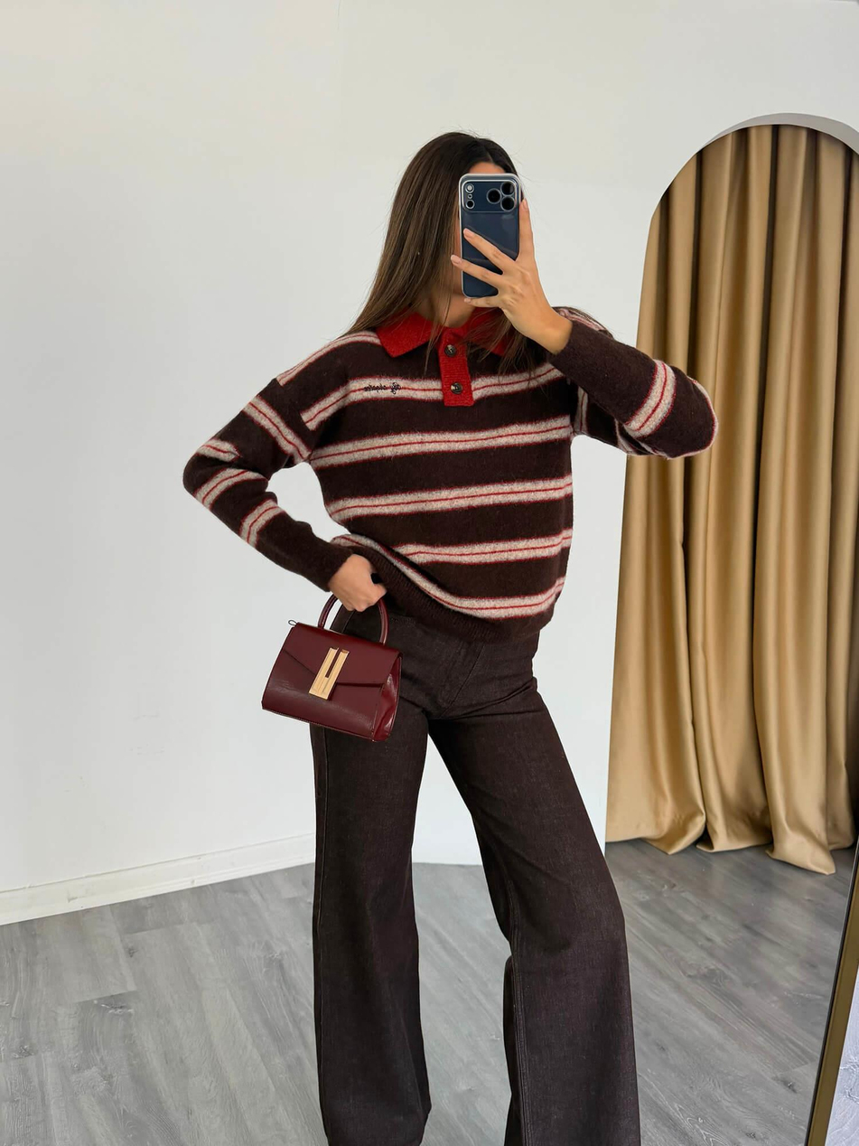 Yakalı Kalp Nakışlı Çizgili Kazak 7790 Bej - KahveCoral