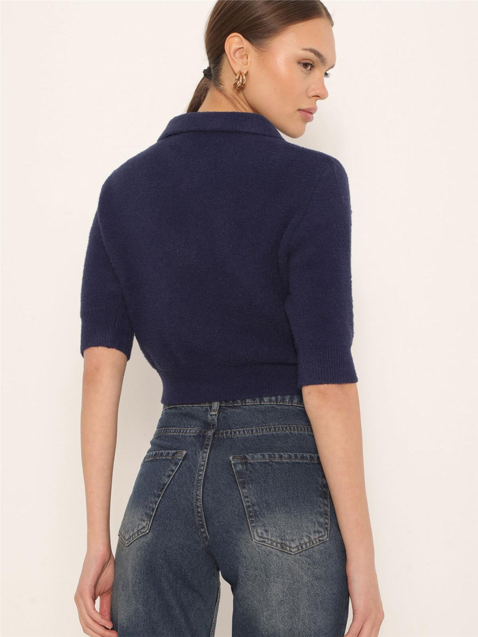 Yakalı Yumuşak Dokulu Kısa Kol Kazak Lacivert-Coral