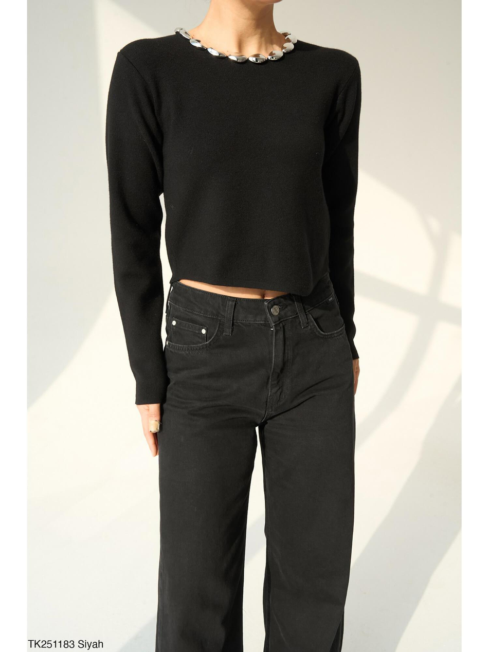 Yakası Aksesuarlı Kazak Tk251183 SiyahCoral