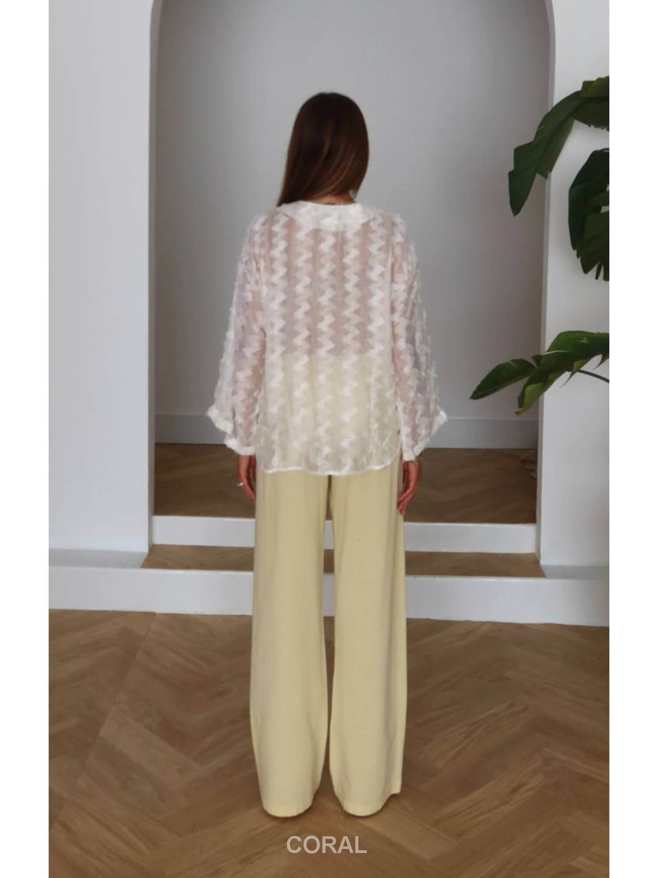 Yakası Bağcıklı Pis Dikişli Kimono 7049 EkruCoral