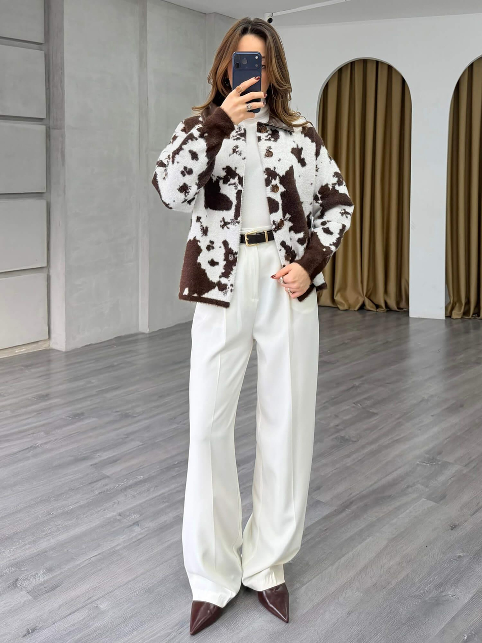 Yakası Derili Batik Desenli Hırka 140551 VanilyaCoral