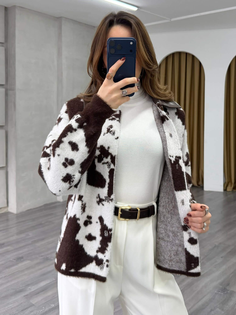 Yakası Derili Batik Desenli Hırka 140551 VanilyaCoral