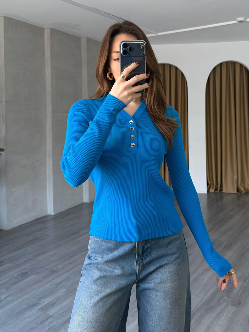 Yakası Düğmeli Fitilli Triko 145104 MaviCoral