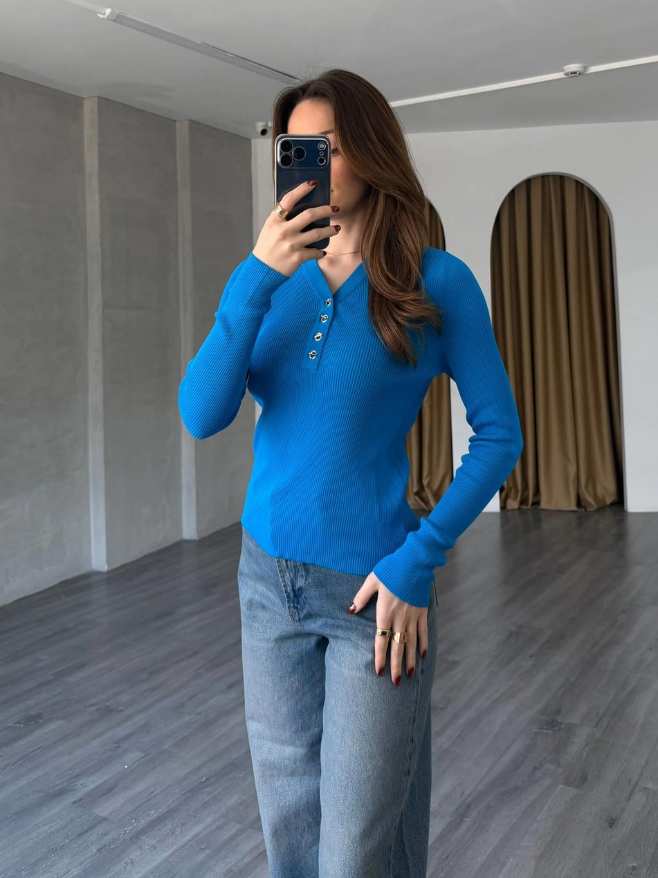 Yakası Düğmeli Fitilli Triko 145104 MaviCoral