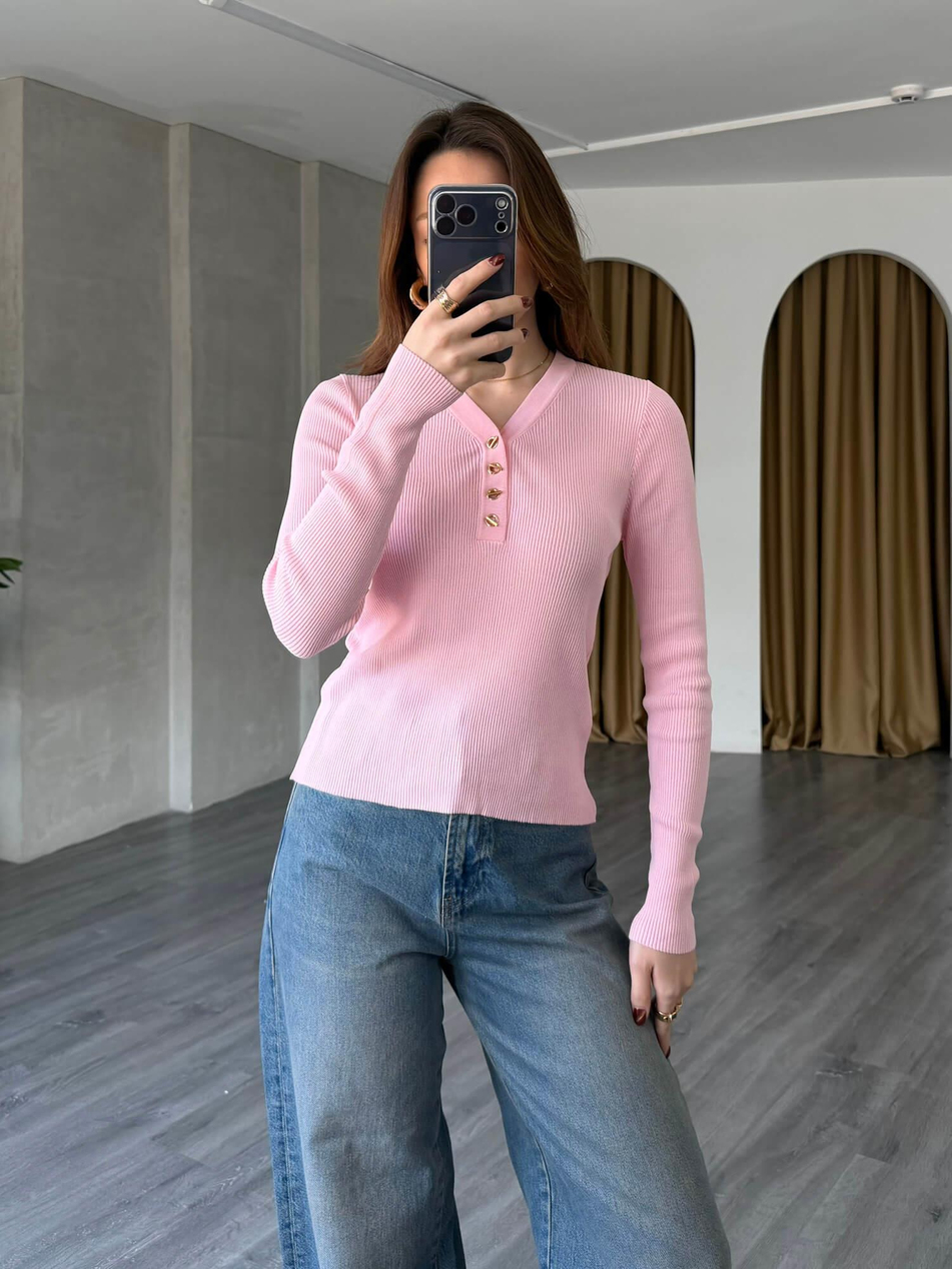 Yakası Düğmeli Fitilli Triko 145104 PembeCoral