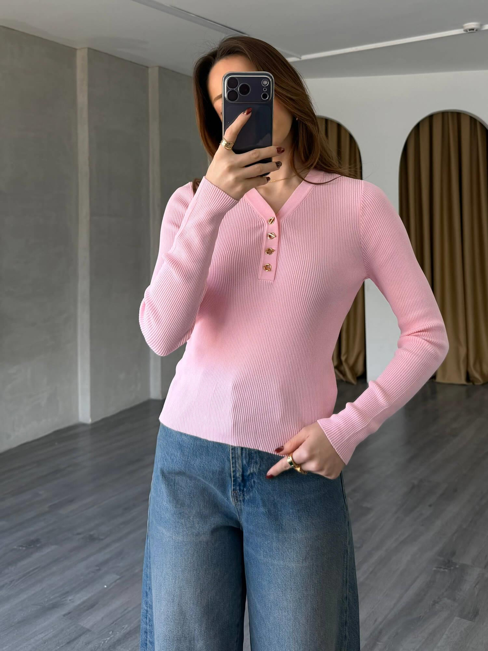 Yakası Düğmeli Fitilli Triko 145104 PembeCoral