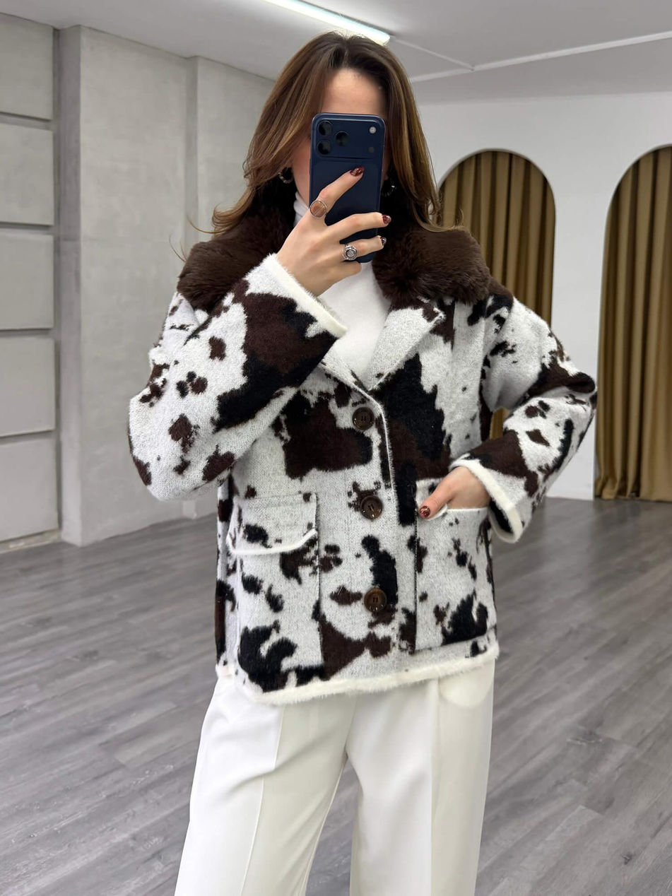 Yakası Kürklü Batik Desenli Hırka 140546 Vanilya