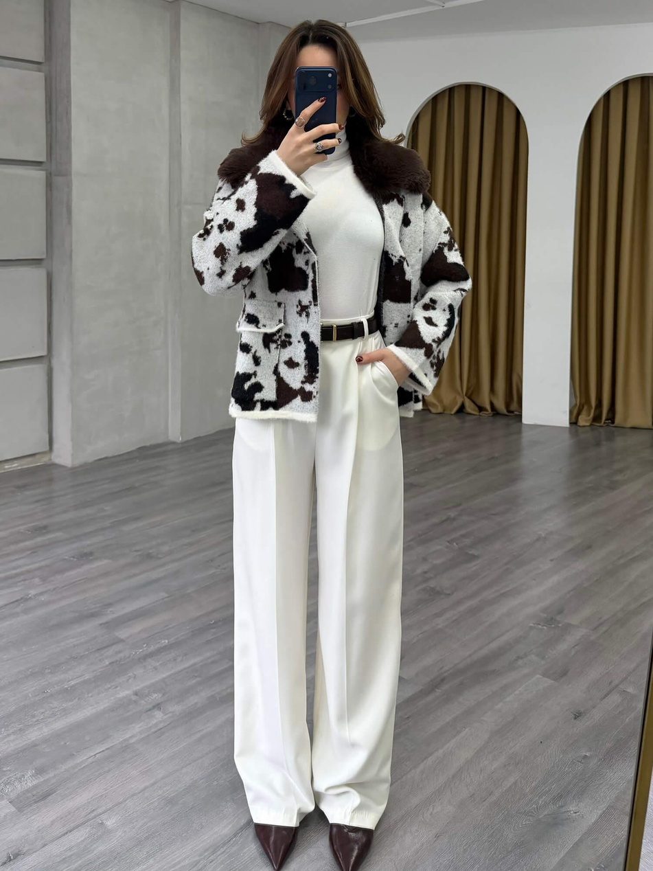 Yakası Kürklü Batik Desenli Hırka 140546 VanilyaCoral