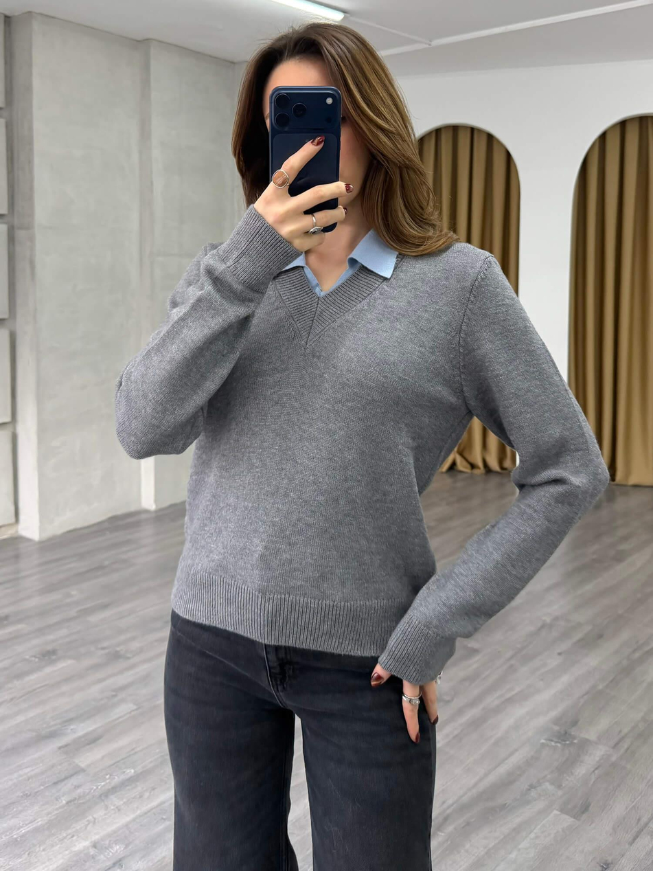 Yakası Renk Detaylı Kazak 7699 GriCoral