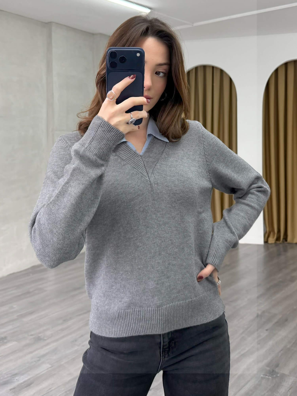 Yakası Renk Detaylı Kazak 7699 GriCoral