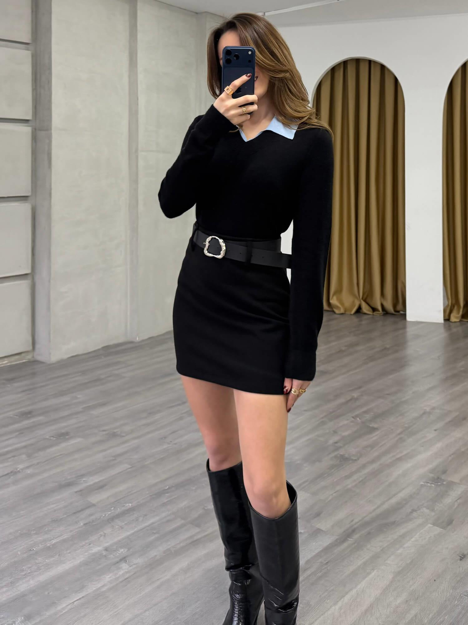 Yakası Renk Detaylı Kazak 7699 SiyahCoral