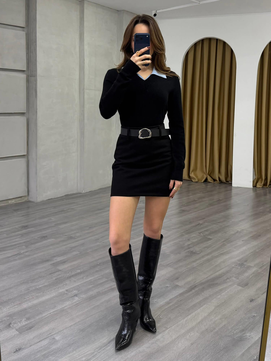 Yakası Renk Detaylı Kazak 7699 SiyahCoral