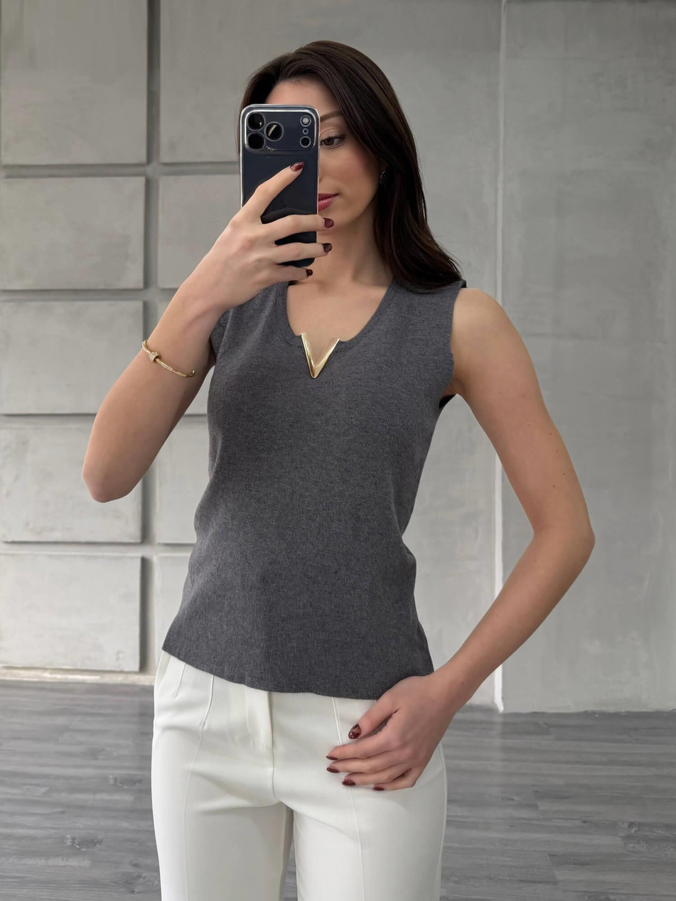 Yakası V Aksesuarlı Süveter 140280 AntrasitCoral