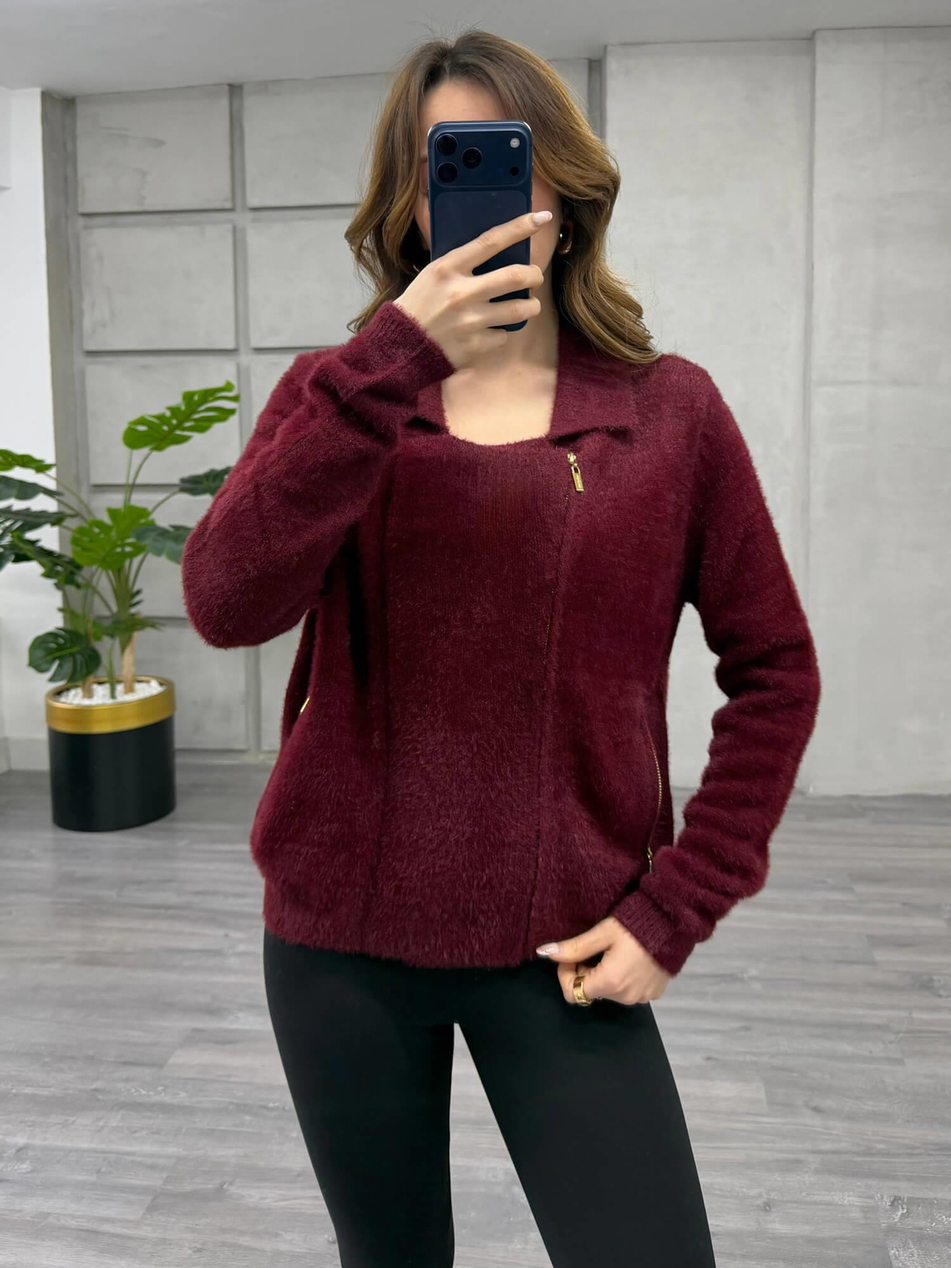 Yandan Fermuarlı Peluş Hırka 7602 BordoCoral