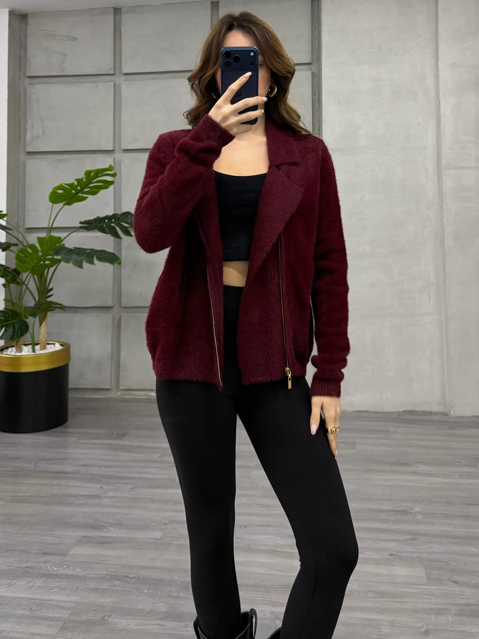 Yandan Fermuarlı Peluş Hırka 7602 BordoCoral