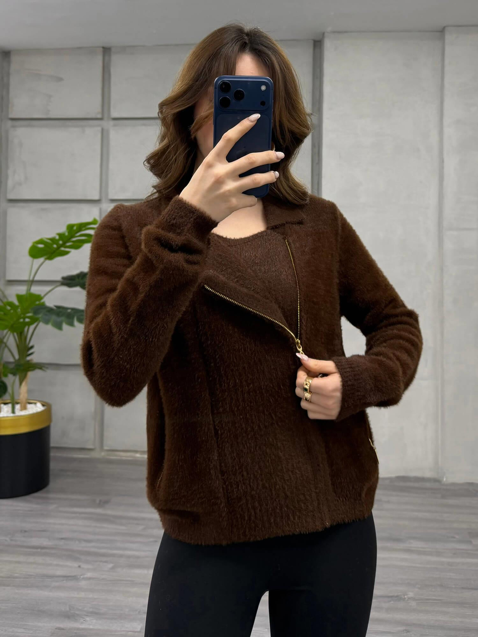 Yandan Fermuarlı Peluş Hırka 7602 KahveCoral