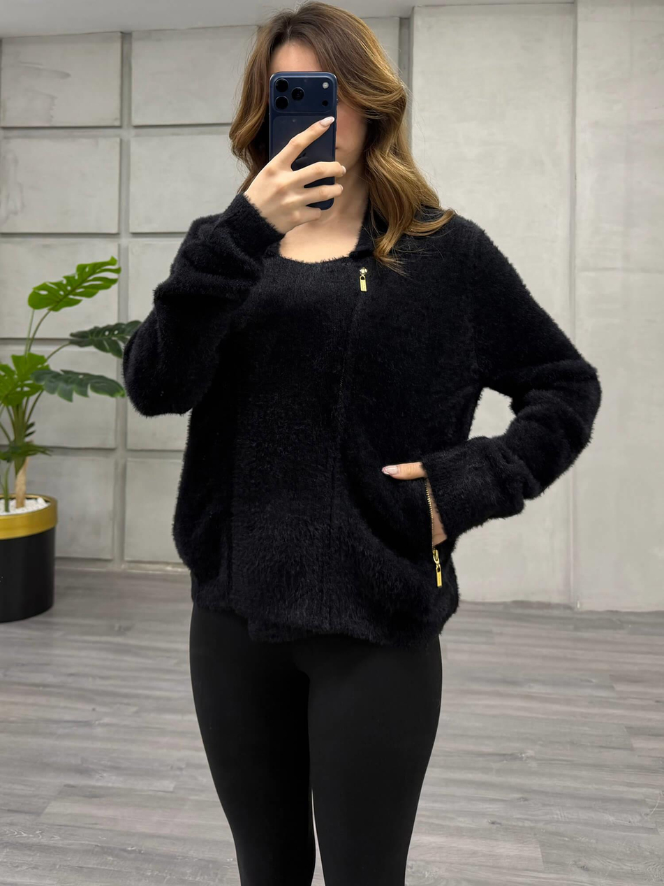 Yandan Fermuarlı Peluş Hırka 7602 SiyahCoral