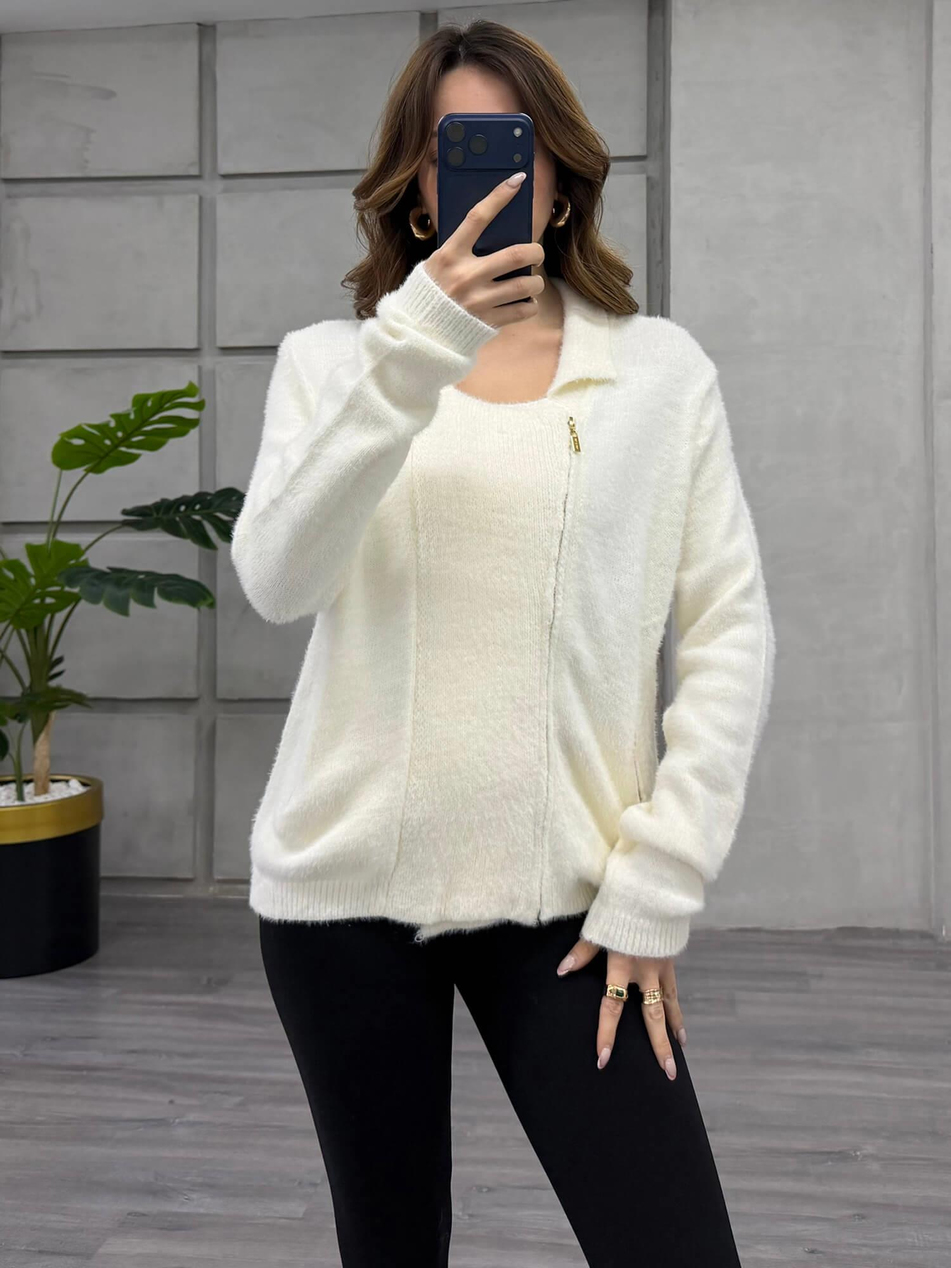 Yandan Fermuarlı Peluş Hırka 7602 VanilyaCoral