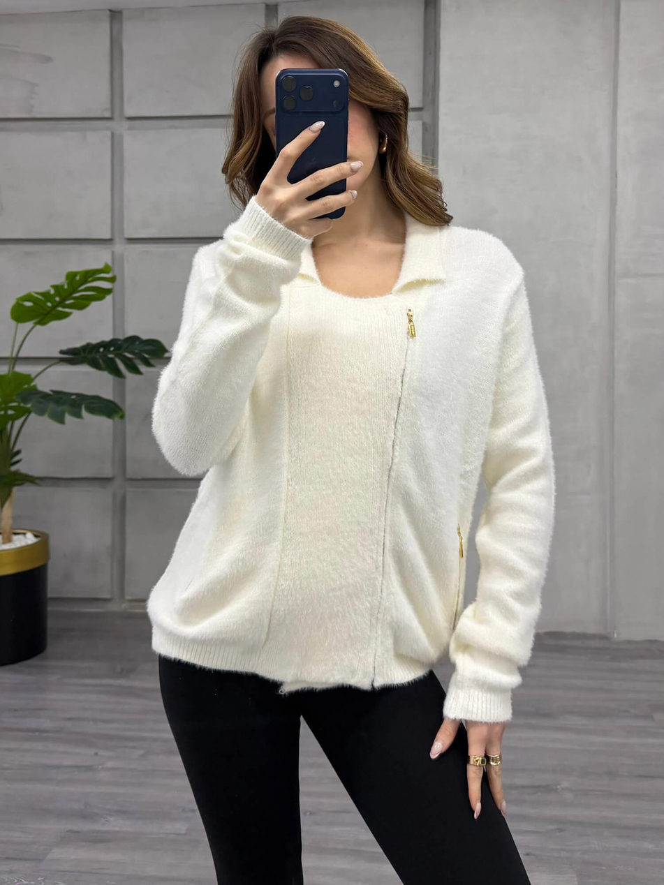 Yandan Fermuarlı Peluş Hırka 7602 VanilyaCoral