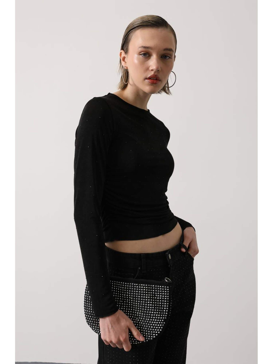 Yanı Büzgülü Mini Taşlı Bluz 31344 SiyahCoral