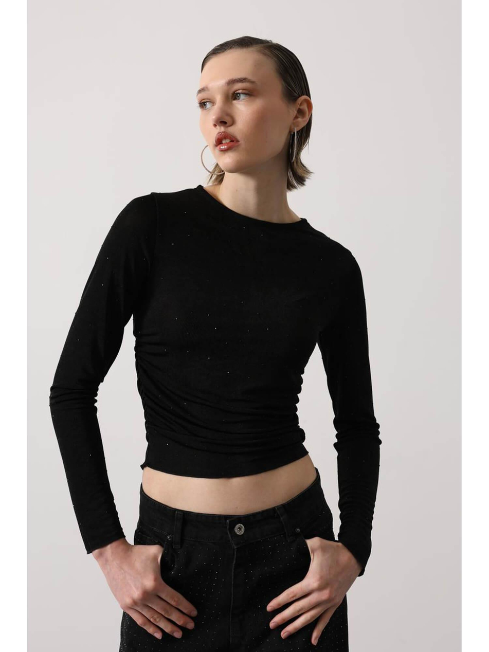 Yanı Büzgülü Mini Taşlı Bluz 31344 SiyahCoral