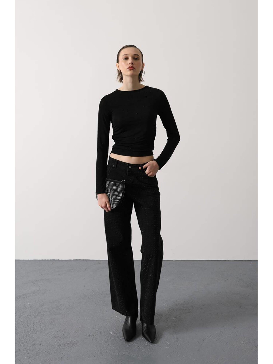 Yanı Büzgülü Mini Taşlı Bluz 31344 SiyahCoral